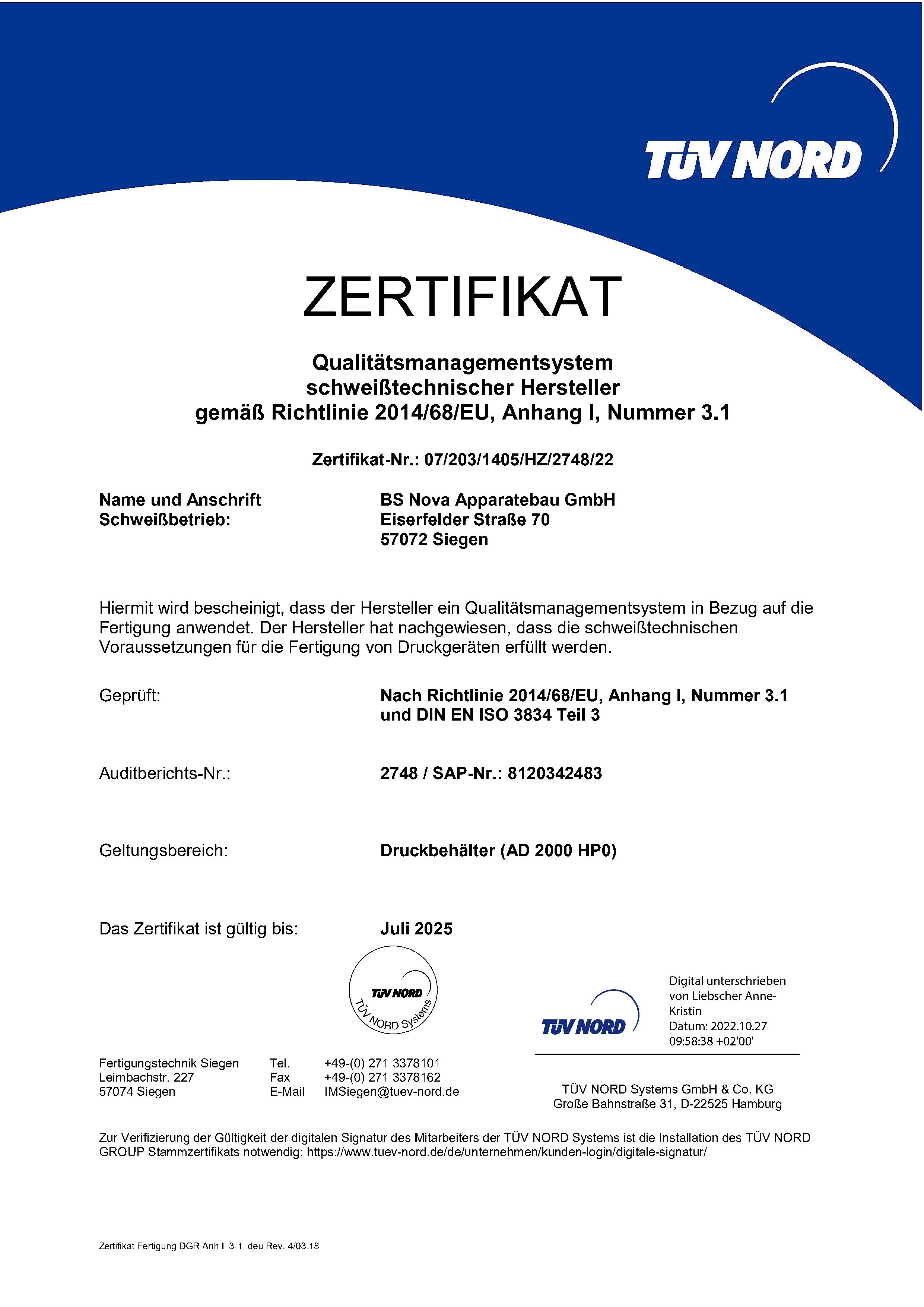 Zertifikat Qualitätsmanagementsystem deutsch