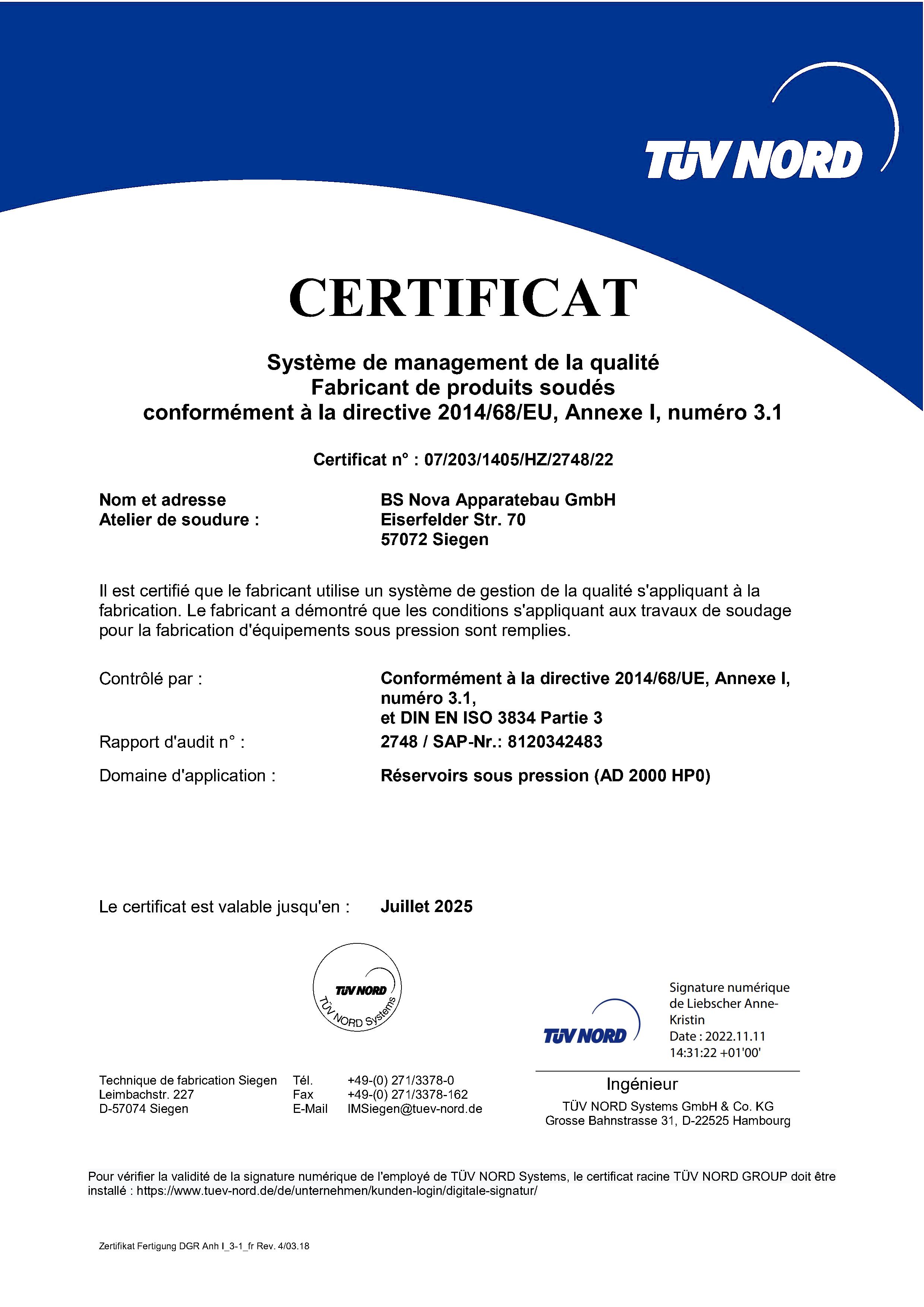 Zertifikat Qualitätsmanagementsystem französisch
